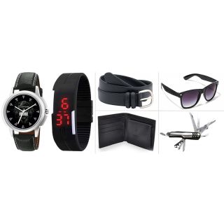 Analog Watch, Digital Watch, Black Belt , Black Wallet, Glasses And Knife