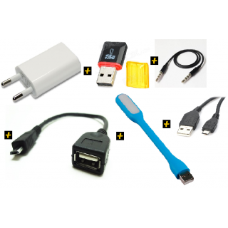 6 in 1 Combo USB OTG Cable, USB Charger, Aux Cable, USB LED Light Card Reader