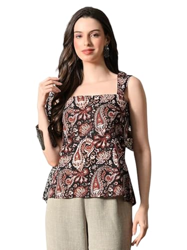 Amazon Brand - Tavasya Women's Black Floral Printed Square Neck Straight Kurti (S)
