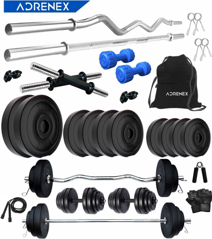 Adrenex 50 kg with 3ft Straight, 3 ft Curl , Dumbbell Rods , PVC Dumbbells & Gym