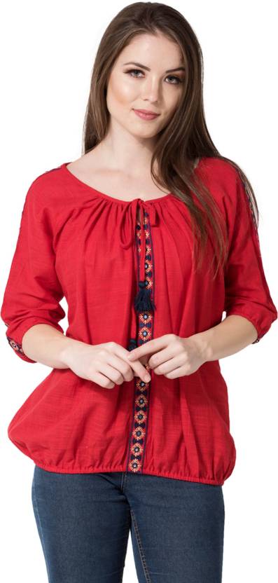 aania Casual 3/4th Sleeve Embroidered Women Red Top
