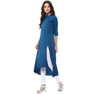 Janasya Blue Plain Crepe Straight Kurti