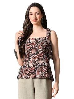 Amazon Brand - Tavasya Women's Black Floral Printed Square Neck Straight Kurti (S)